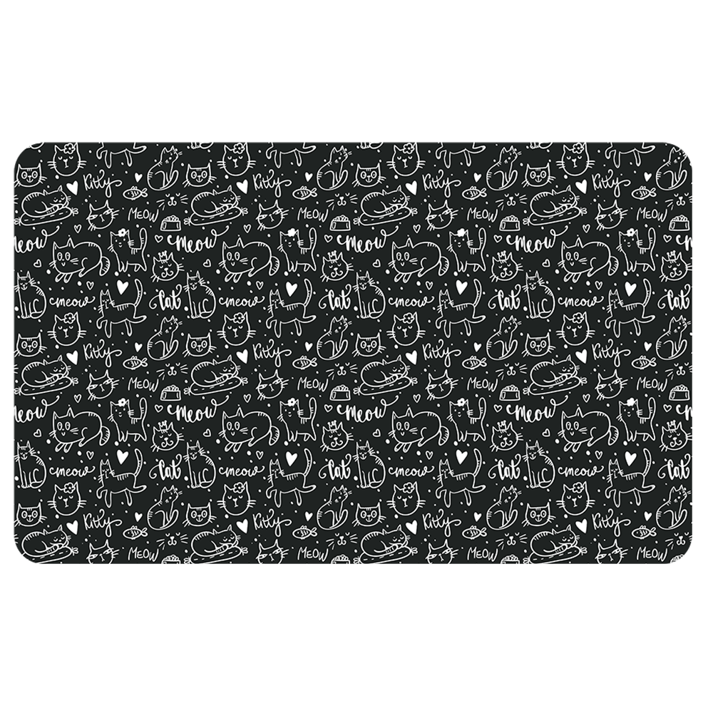 black pet place mat with white drawn, hearts, cats and the word meow printed on it