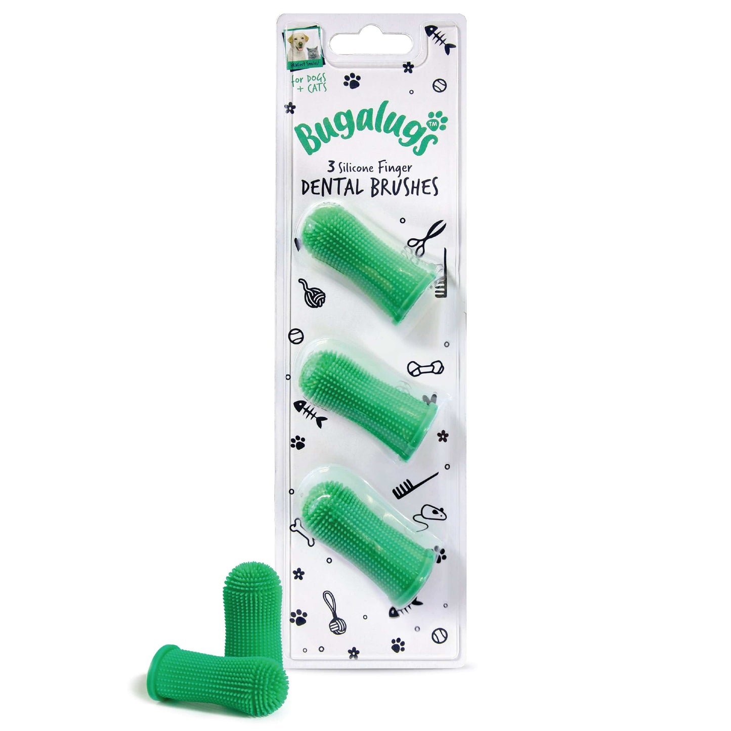 image of silicone finger toothbrush in packaging and the product in front