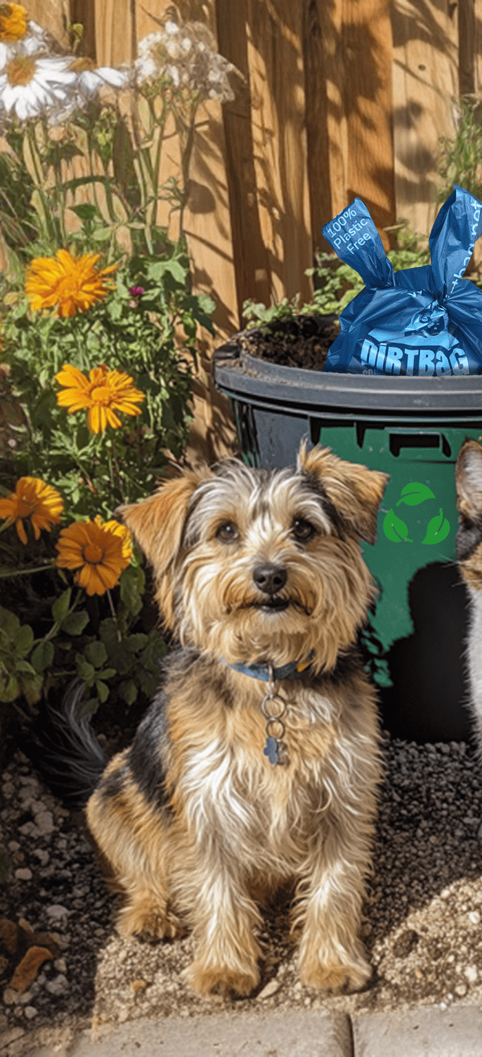 a cat and dog sitting next to a compost heap in a garden, a compostable dirtbag poo bag sitting on the top of the compost bin