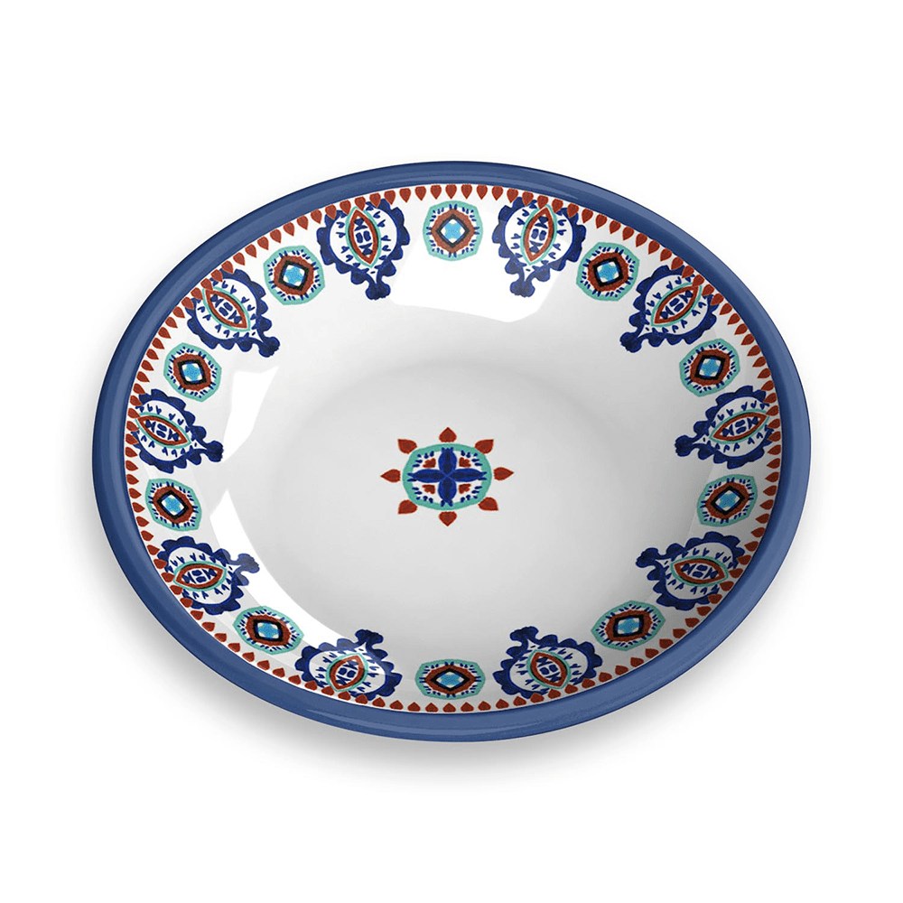 moroccan tile inspired pattern blues and red on a white background