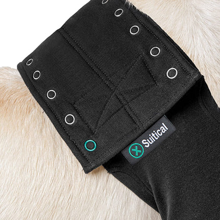 close up of fastening of double front leg sleeves for dogs