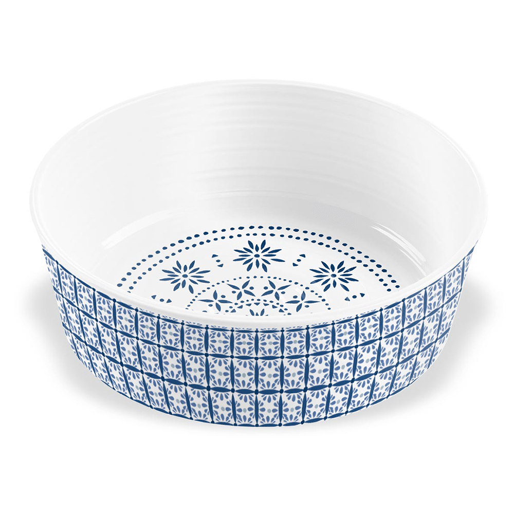 blue and white criss cross pattern pet bowl for dogs