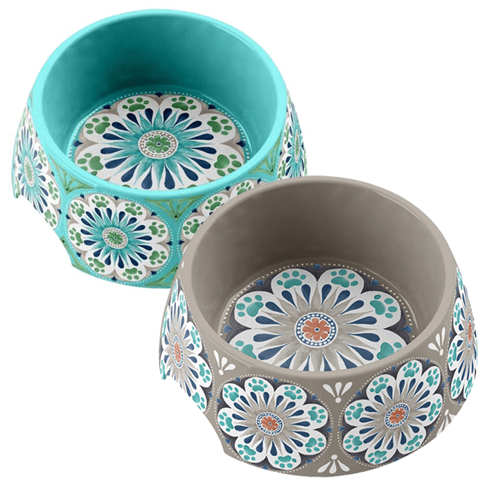 group shot of blue and grey medallion bowls