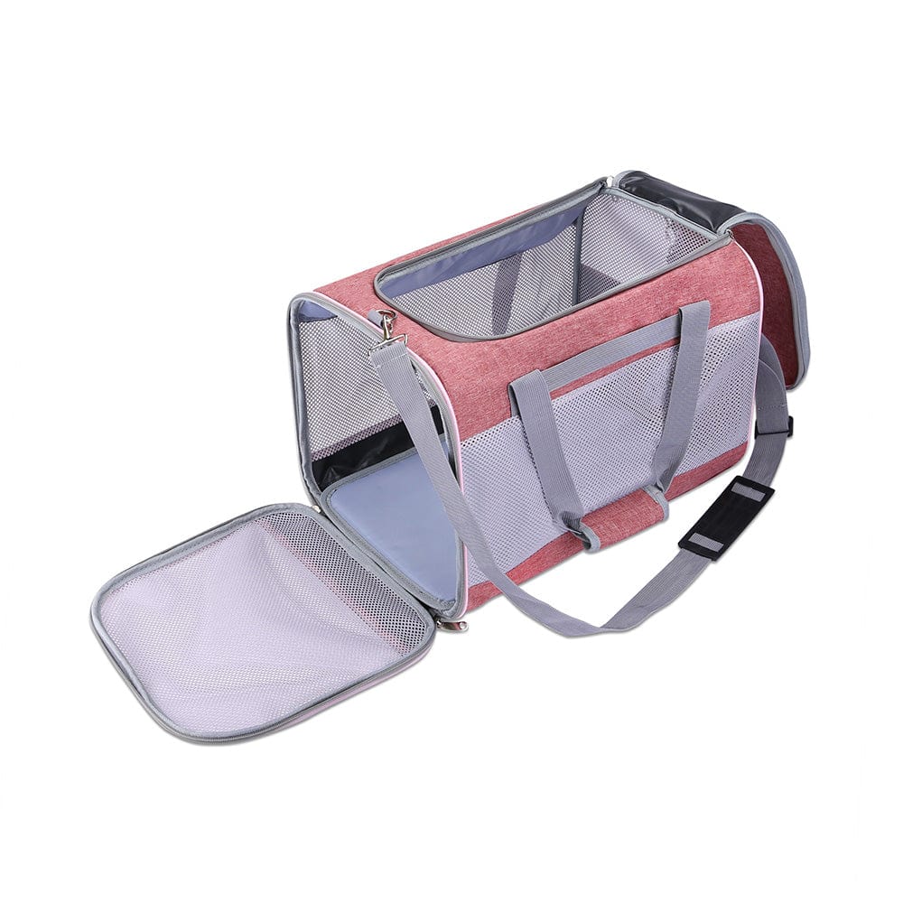 pink with grey trim Carry'Em Cat Carrier open at top and front