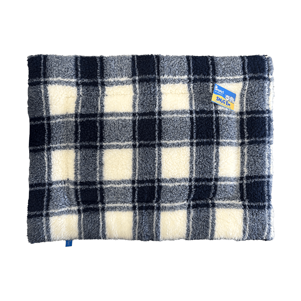 blue white tartan snug'em showing the tartan side