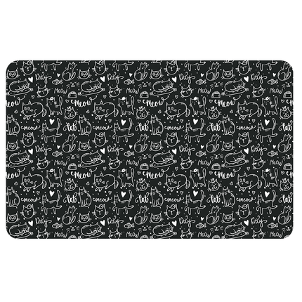 black pet place mat with white drawn, hearts, cats and the word meow printed on it