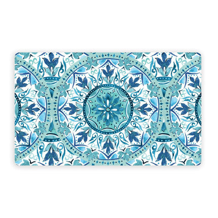 blues and greens gibraltar pattern printed on a pet placemat