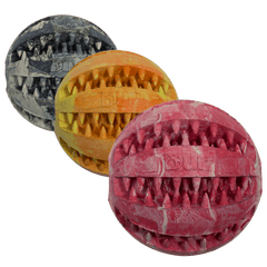 group shot of Dur treat ball in blue orange and red
