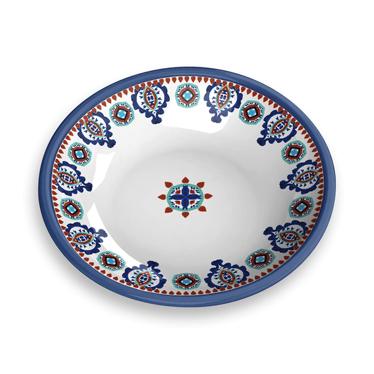 moroccan tile inspired pattern blues and red on a white background