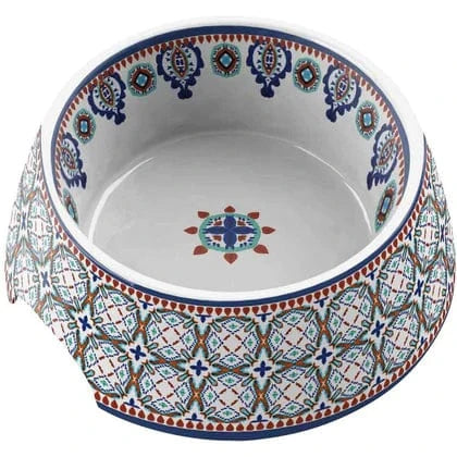 multi coloured dog bowl with morccan pattern