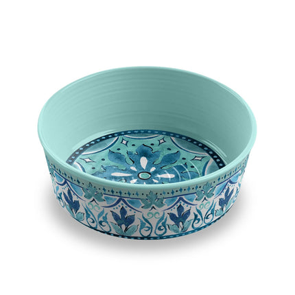 Gibraltar Pet Bowl, blues greens and whites outside and inside bottom plain green inside wall