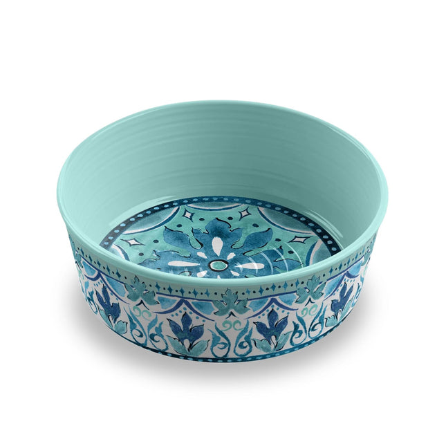 Gibraltar Pet Bowl, blues greens and whites outside and inside bottom plain green inside wall