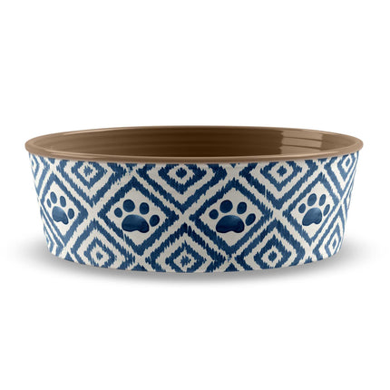 white bowl with blue diamonds and paw prints brown inside