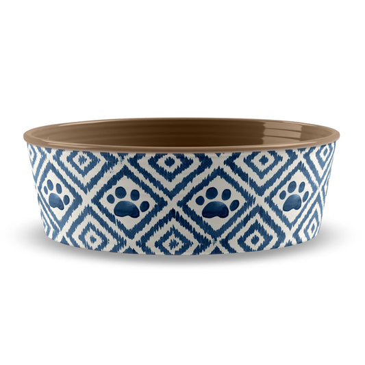 white bowl with blue diamonds and paw prints brown inside