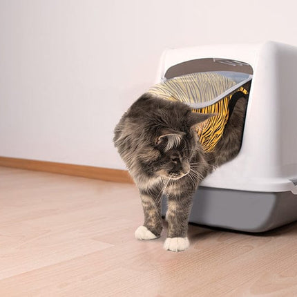 cat coming out of a litter box wearing a tiger Suitical® Recovery Suit for Cats