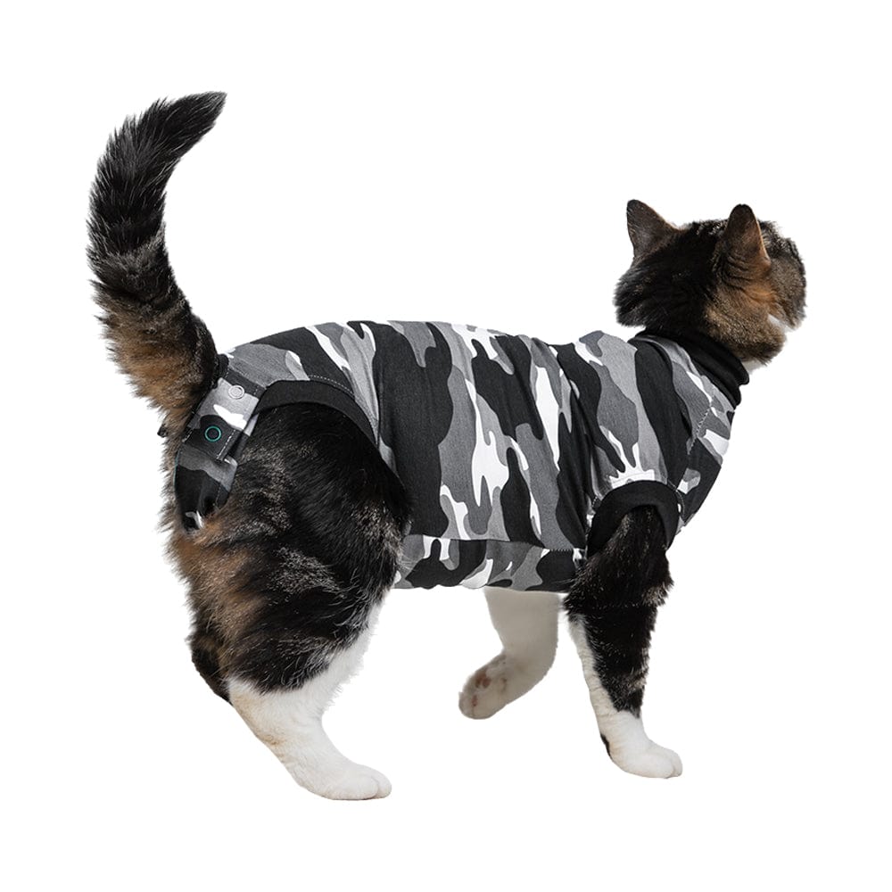 tabby cat wearing a Suitical Recovery Suit for Cats