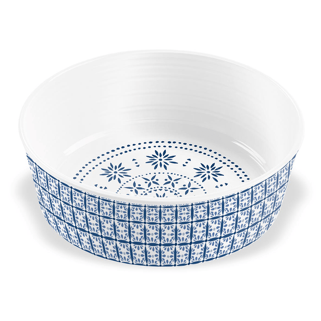 blue and white criss cross pattern  pet bowl for dogs