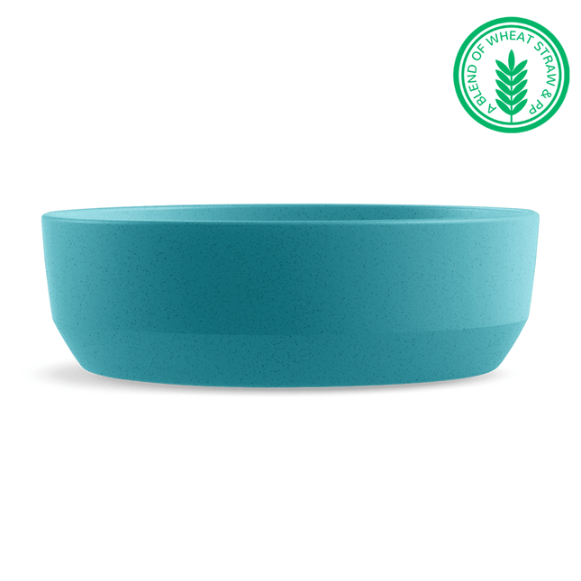 Blue bowl with a green certification logo on a white background