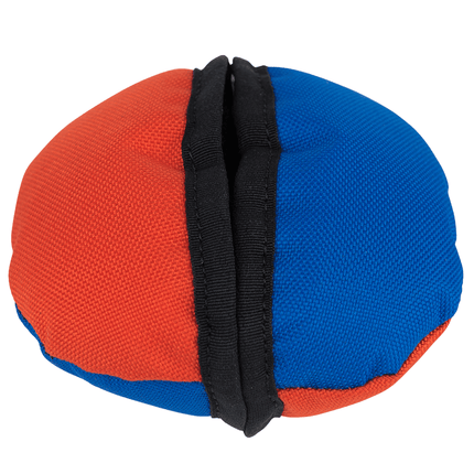 Red and blue mesh treat dispenser, closed  on a white background