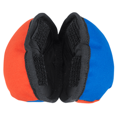 Blue and red mesh treat dispenser open but empty on a white background