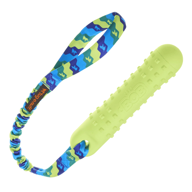 Dog toy with a colorful handle and green rubber end on a white background