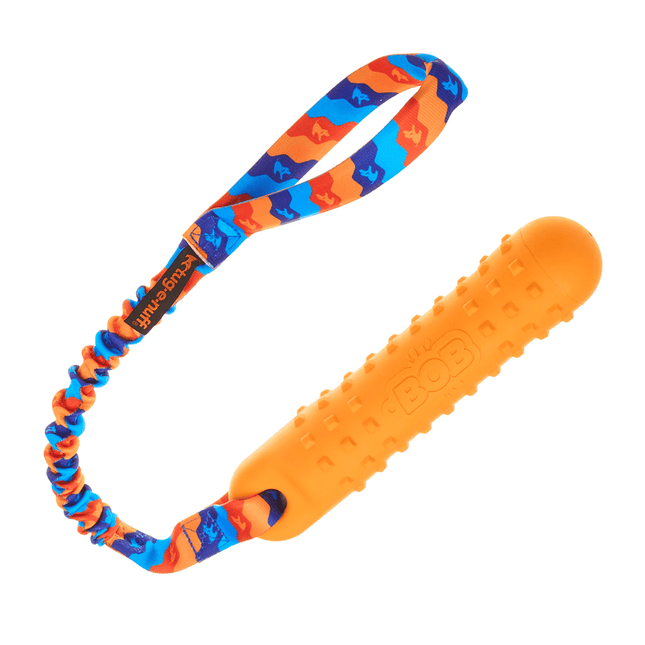 Orange dog toy with a colorful handle on a white background