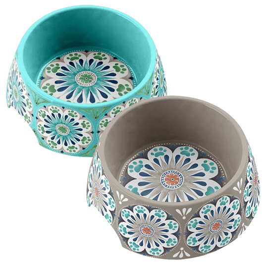 group shot of blue and grey medallion bowls