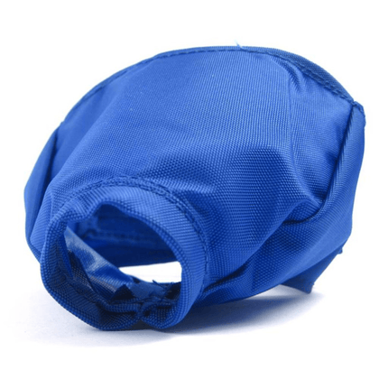 A blue fabric cat muzzle made of textured woven material, shown on a plain white background.