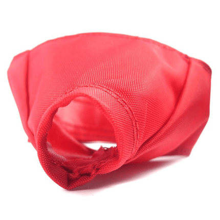A bright red fabric cat muzzle made of textured woven material, shown on a plain white background.