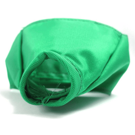 A bright green fabric cat muzzle made of textured woven material, shown on a plain white background.