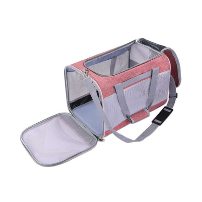 pink with grey trim Carry'Em Cat Carrier open at top and front