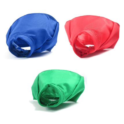 fabric cat muzzles colour coded blue, red, and green, arranged separately on a plain white background.