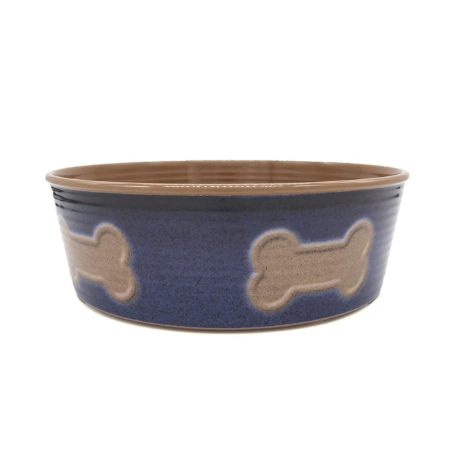 Embossed Bone Dog Bowl blue with natural coloured embossed bones