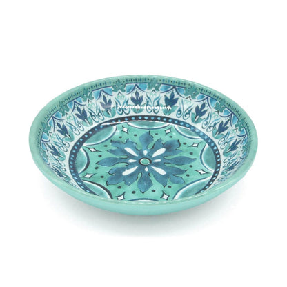 gibraltar pet saucer for cats and dogs in  a blues greens and white pattern