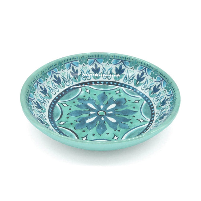blues and green in a gibraltar pattern pet saucer
