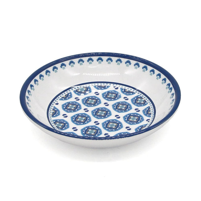white bowl with a blue moroccan pattern