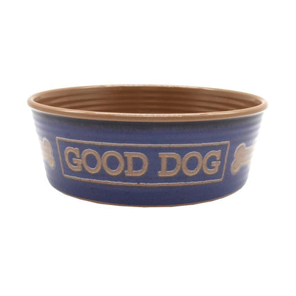 blue good dog dog bowl with brown inside wording good dog and bones on the outside