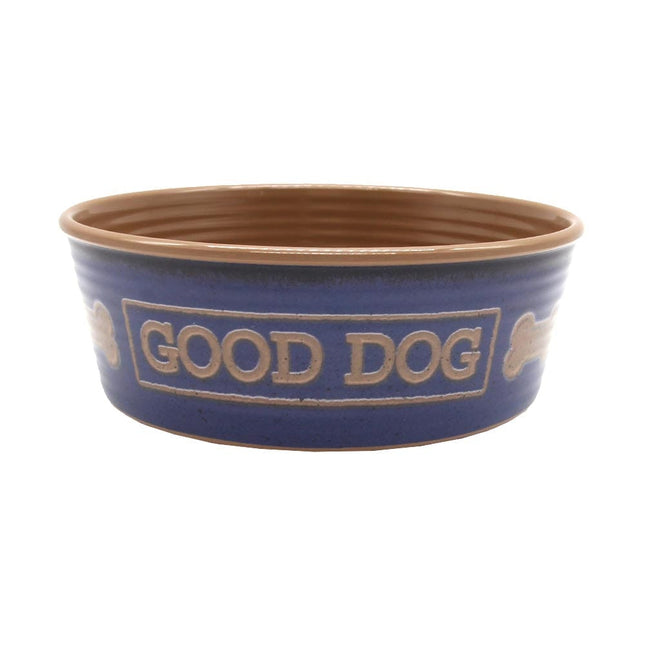 blue good dog dog bowl with brown inside wording good dog and bones on the outside