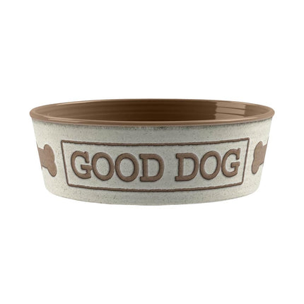 natural good dog dog bowl with brown inside wording good dog and bones on the outside