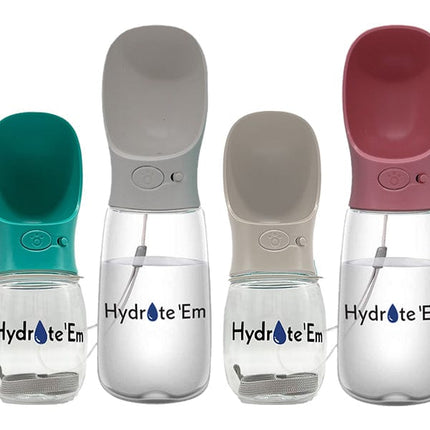 group shot of all Hydrate'Em travel water bottles
