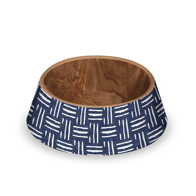 Indigo Oasis Pet Bowl geometric patterned outside blue and white with a wood effect brown inside, double walled