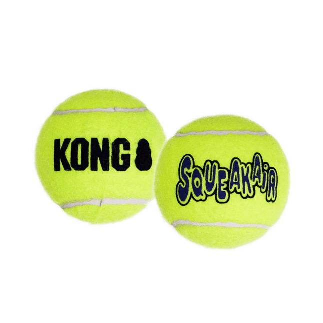kong tennis balls showing kong logo and squeakair logo
