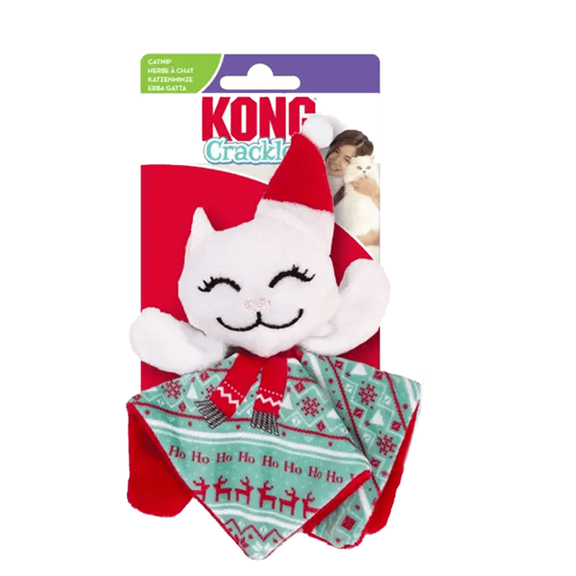 kong holiday crackle cat toy in the shape of a white cat