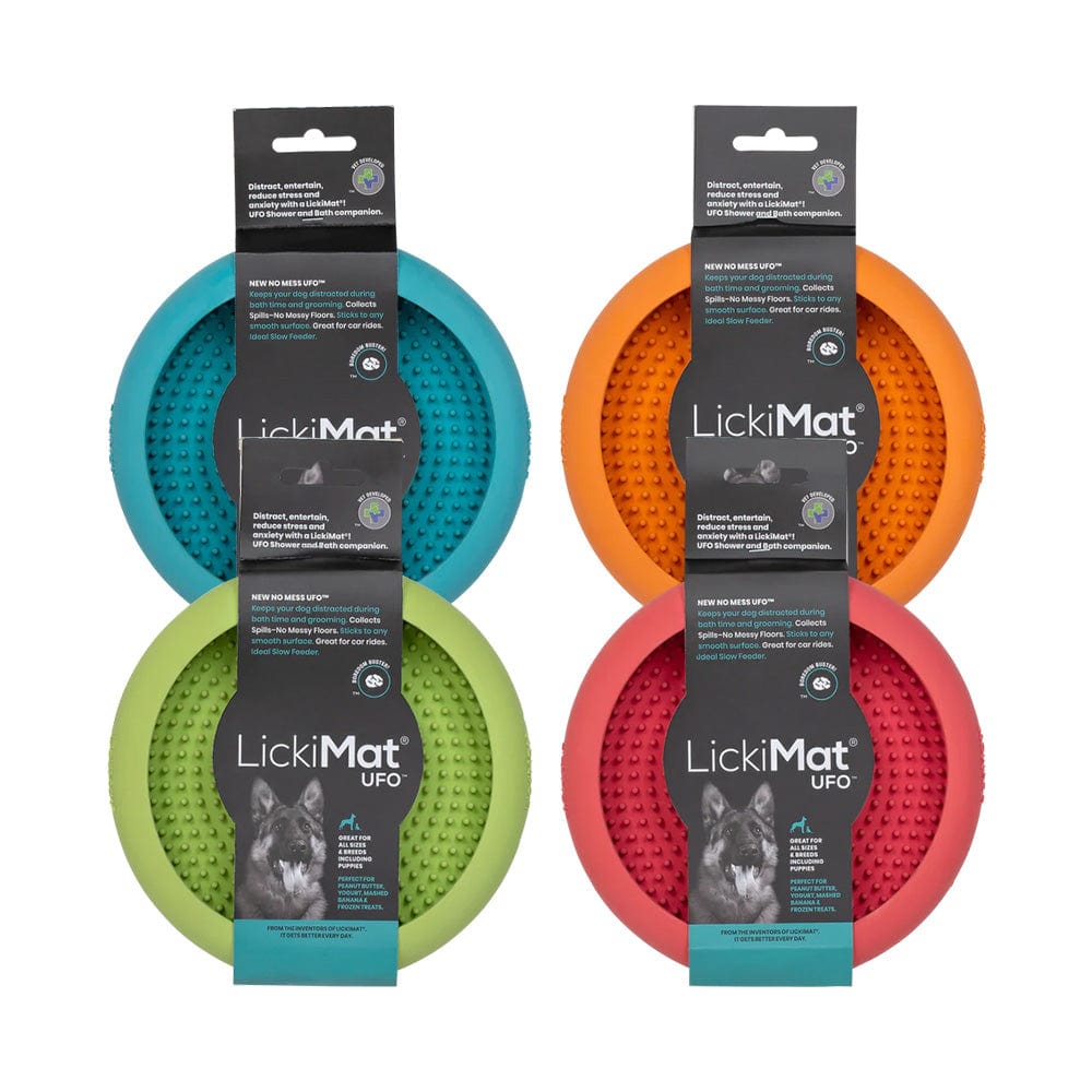 LickiMat UFO Slow Feeder with Suction Cups group shot showing colour options