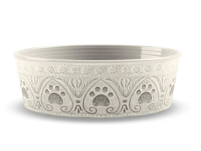 Natural Paw Print Dog Bowl cream with natural coloured paw prints and pattern
