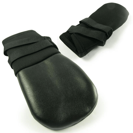 black neoprene dog boots with velcro straps on a white background