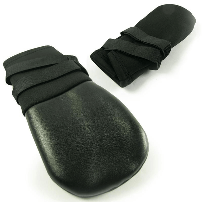 black neoprene dog boots with velcro straps on a white background