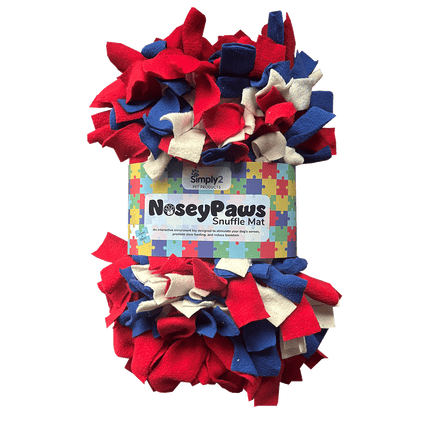 red, white and blue noseypaws snuffle mat in packaging