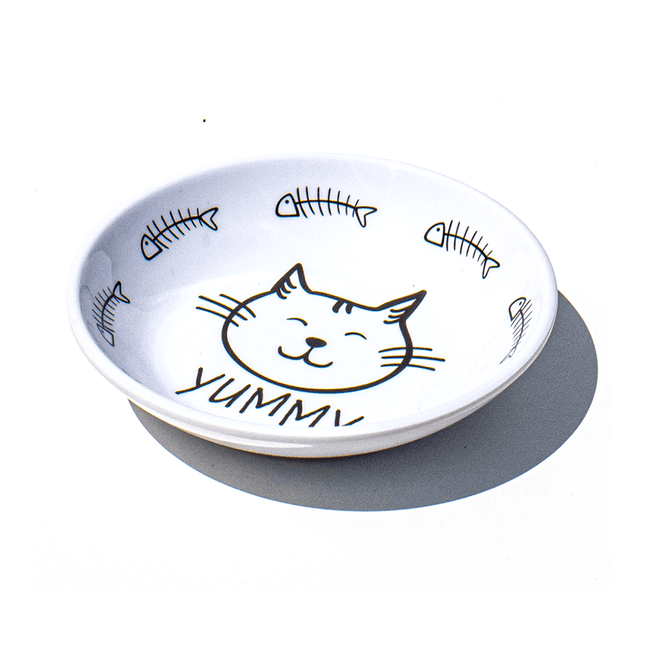 fun white cat saucer with a cat face and fish bones with the word yummy